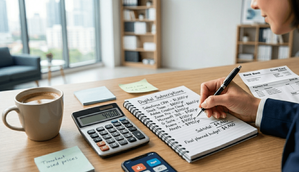 A close-up, high-angle view of a professional woman’s hand writing and reviewing her subscriptions in a spiral notebook on a wooden desk. The desk features a calculator showing a total, a steaming cup of coffee, a bank credit card bill, and sticky notes. The background shows a bright, modern office with a blurred city view.